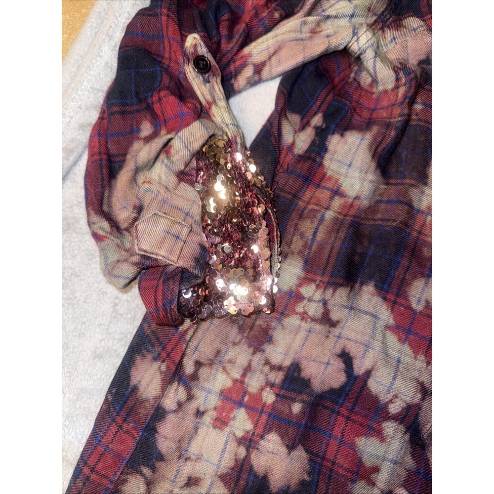 The Nu Vintage Bleach Dye Distressed Red Plaid Sequin Cuffs Western Grunge Large - Picture 4 of 10